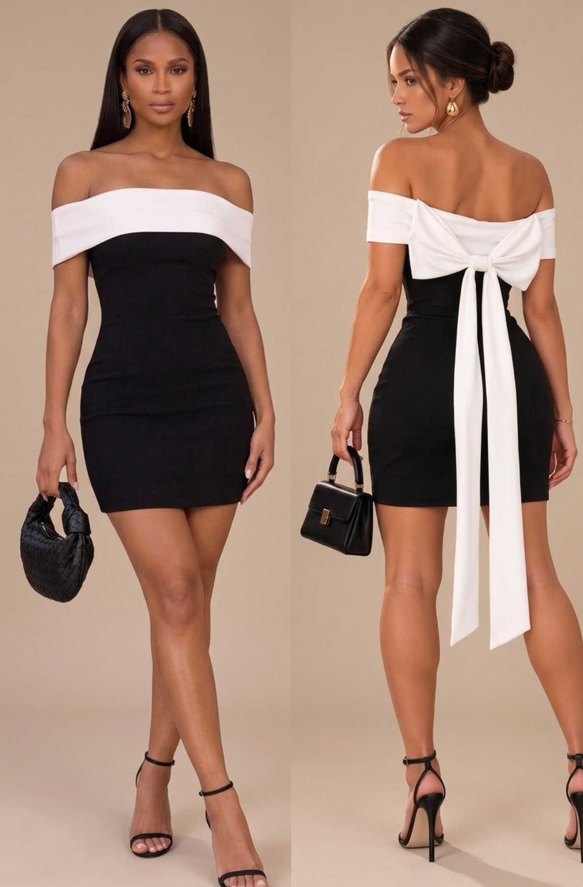 Rachel Off Shoulder Color Block Bodycon Mini Dress- Black & White